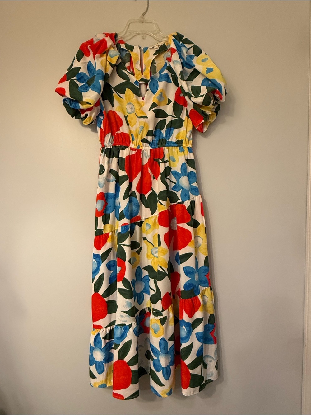 Umgee White Floral Midi Dress with Red, Blue & Yellow Blooms